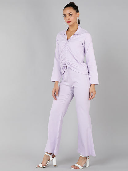 Golden Kite Green Solid Co-ordset , Collared shirt with a V-neck and long sleeves , featuring a gathered detail with adjustable ties at the front paired with flowing high waist trousers with an elastic waist band