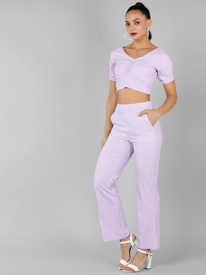 Golden Kite Green Solid Co-ordset , crop top sweatheart neck with front ruching detail paired with Straight trouser