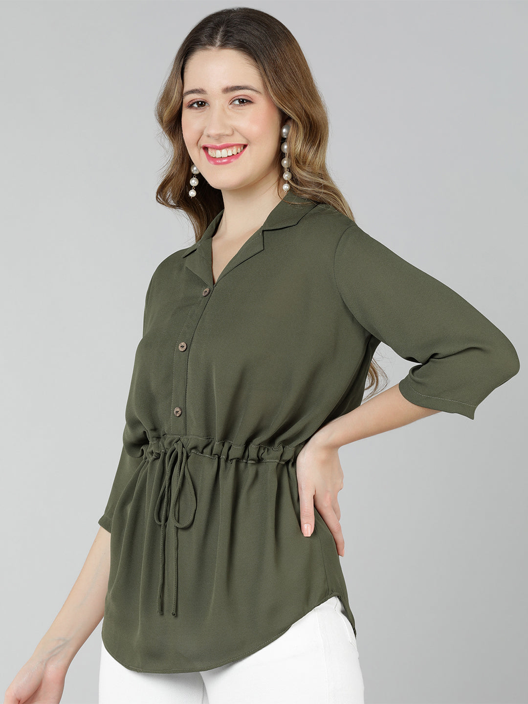 Golden Kite Burgundy Solid Lapel collar Longline shirt with assymetric hem and waist tieup for perfect fit, 3/4th sleeve