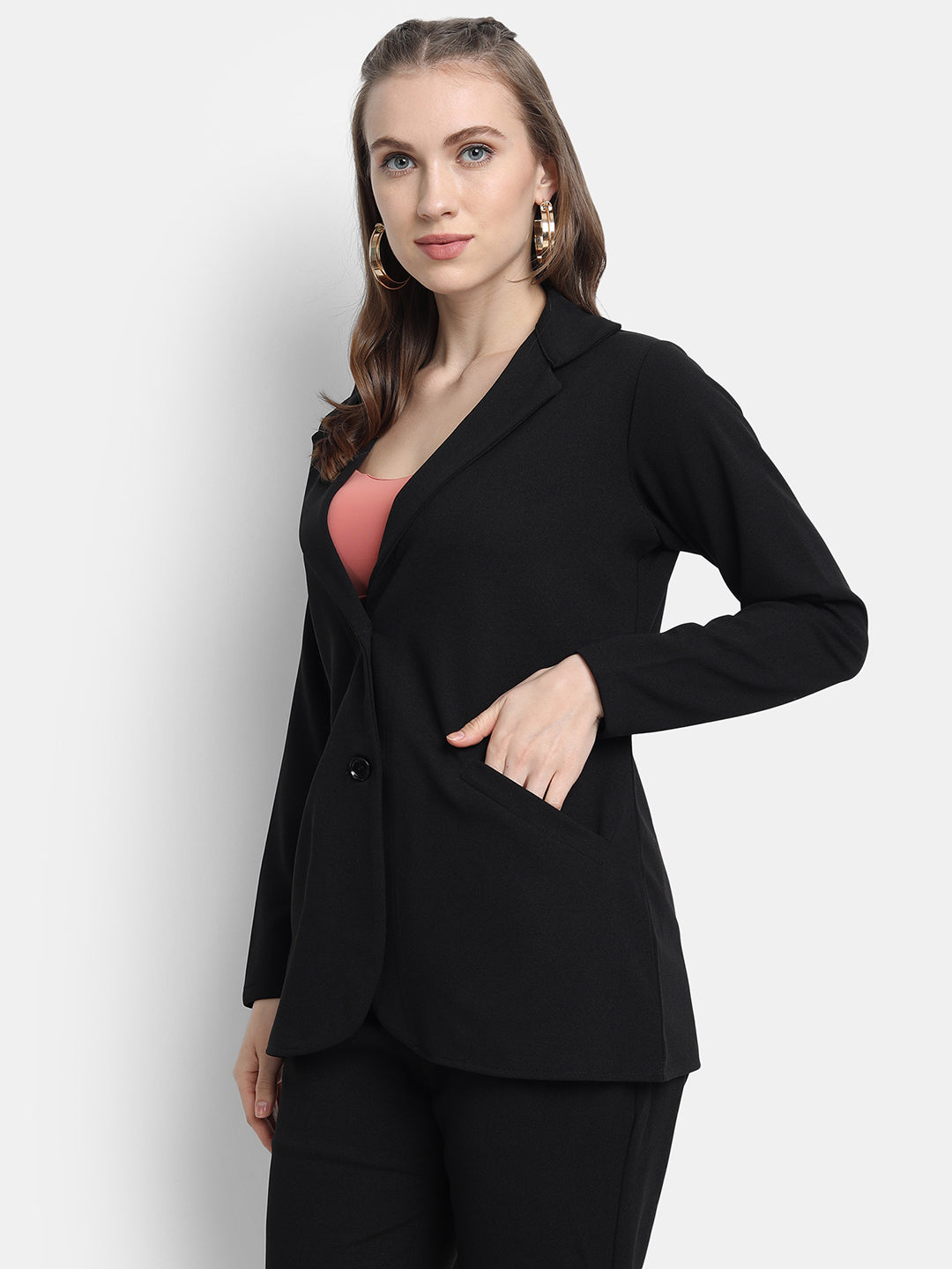 Golden Kite Women Black Solid Single-Breasted Formal Classic Blazer .