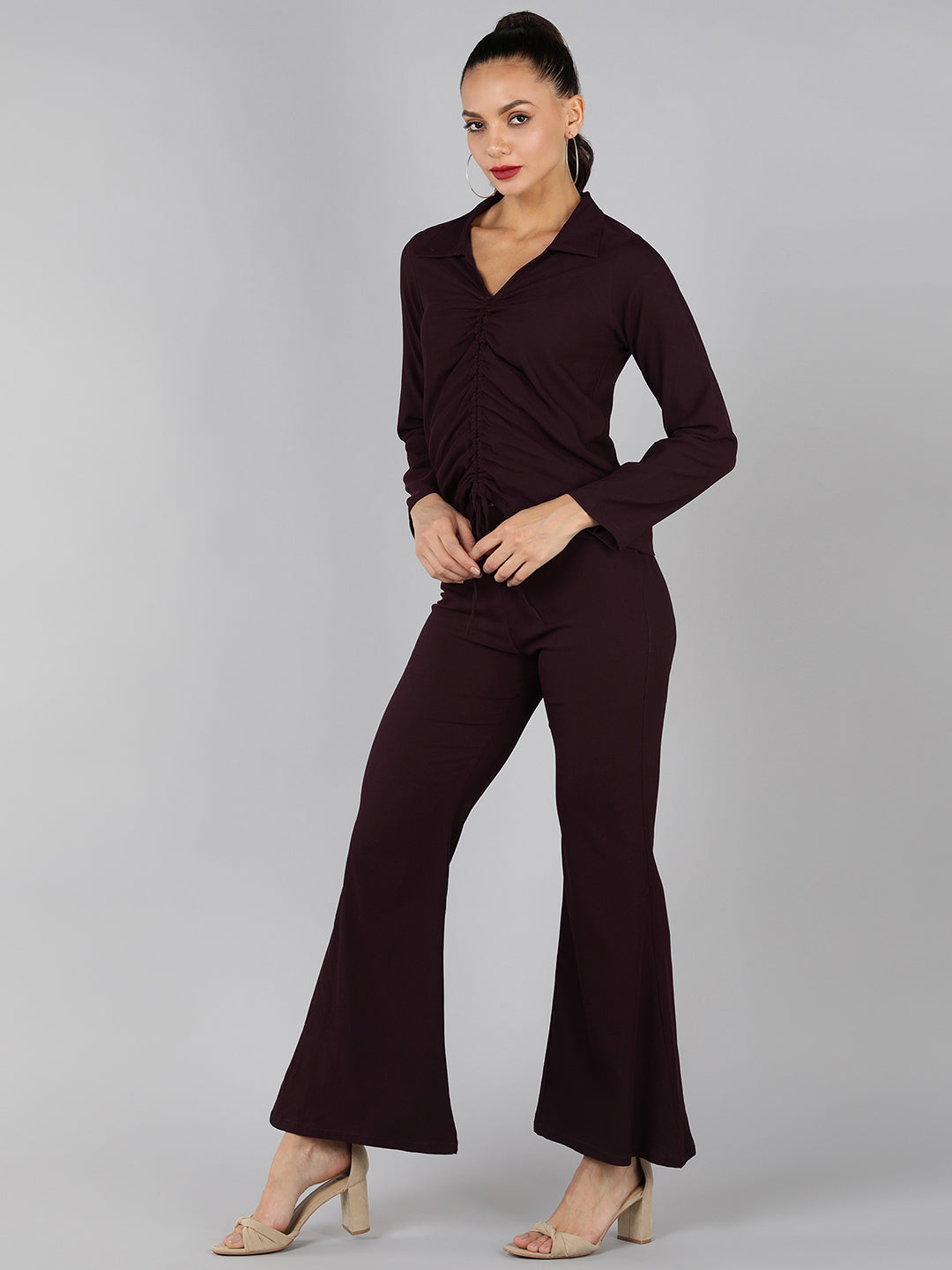 Golden Kite Green Solid Co-ordset , Collared shirt with a V-neck and long sleeves , featuring a gathered detail with adjustable ties at the front paired with flowing high waist trousers with an elastic waist band