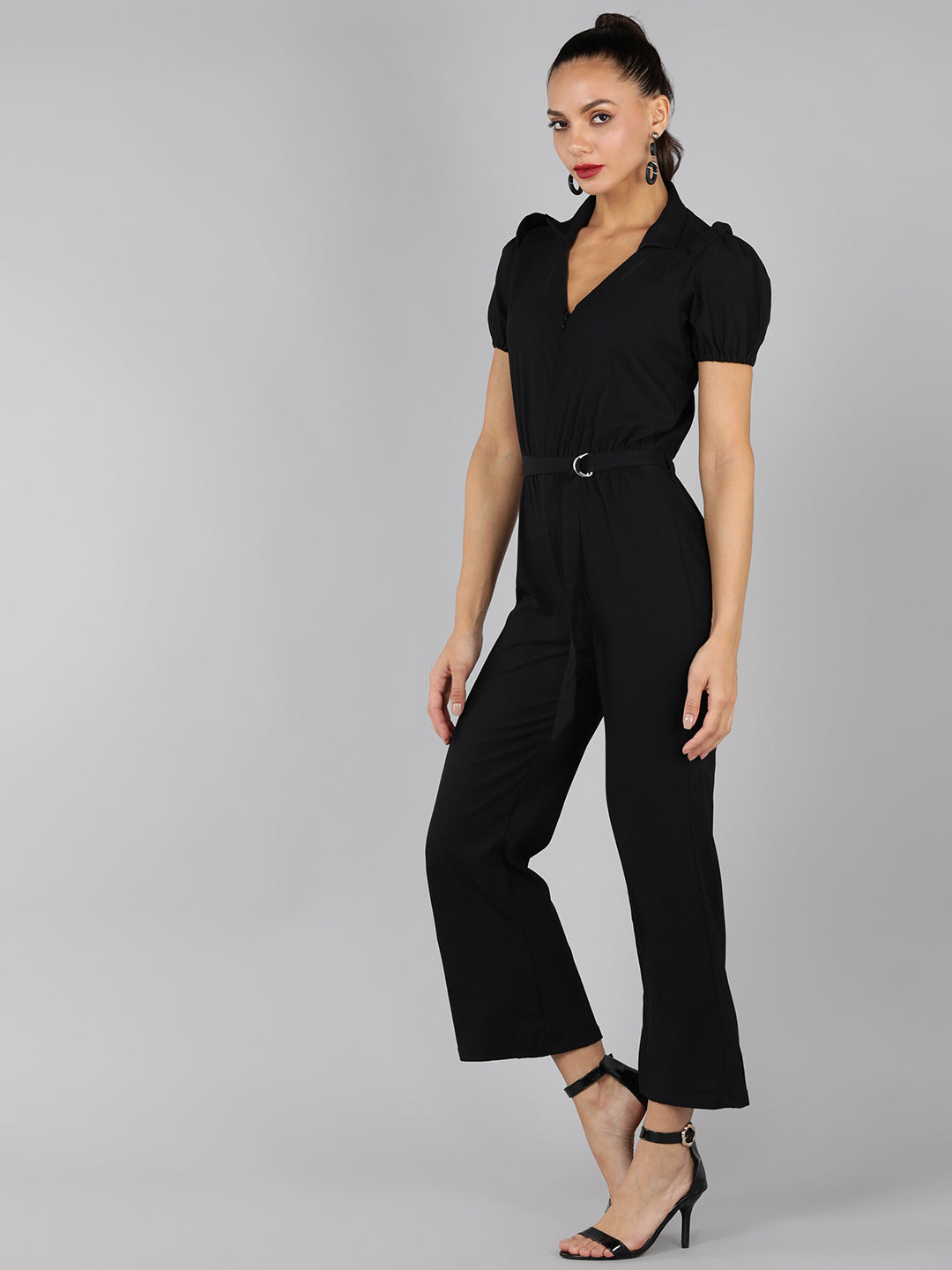 Golden Kite V-Neck Collar Puff Sleeve  Front Zip Jumpsuit Frill Detail