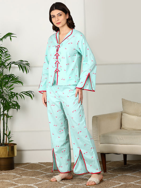Golden Kite Women’s Cotton Swan Printed Night Suit with Contrast Piping Notch Collar, Frill & Pocket