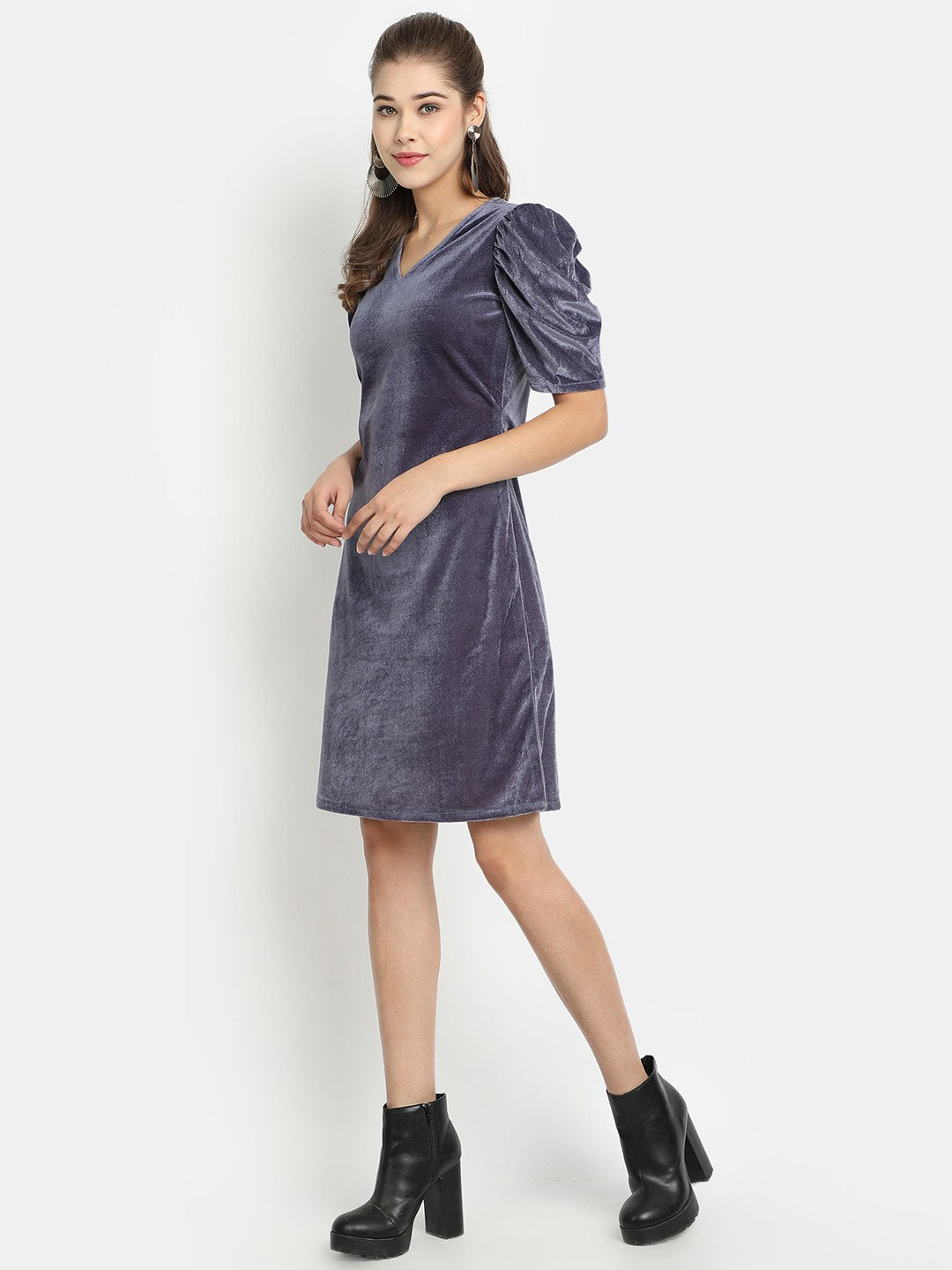 Golden Kite V-Neck A-line Velvet Midi Dress