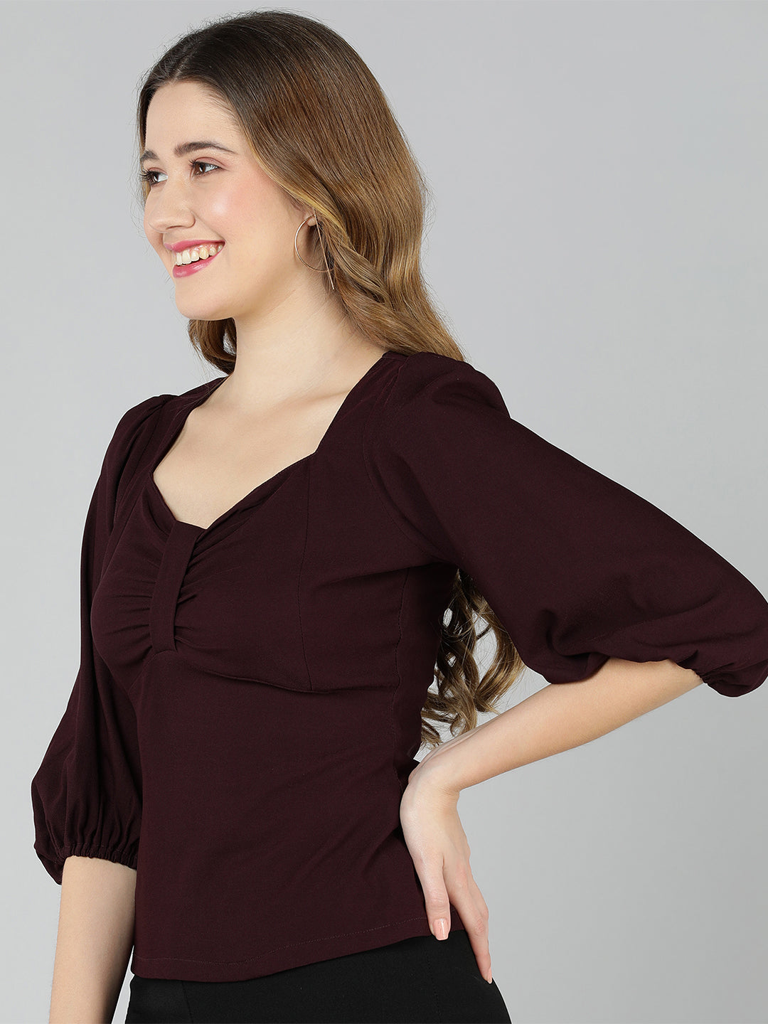 Golden Kite Lilac Solid Sweatheart Neck Top With Front bow detail and Bishop Sleeve