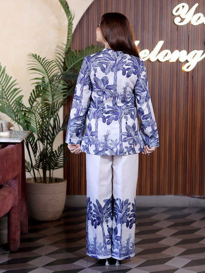 Golden Kite Women Blue & White Tropical Printed Co-Ord Set with Straight Kurta & Wide Leg Trousers
