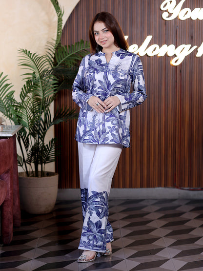 Golden Kite Women Blue & White Tropical Printed Co-Ord Set with Straight Kurta & Wide Leg Trousers