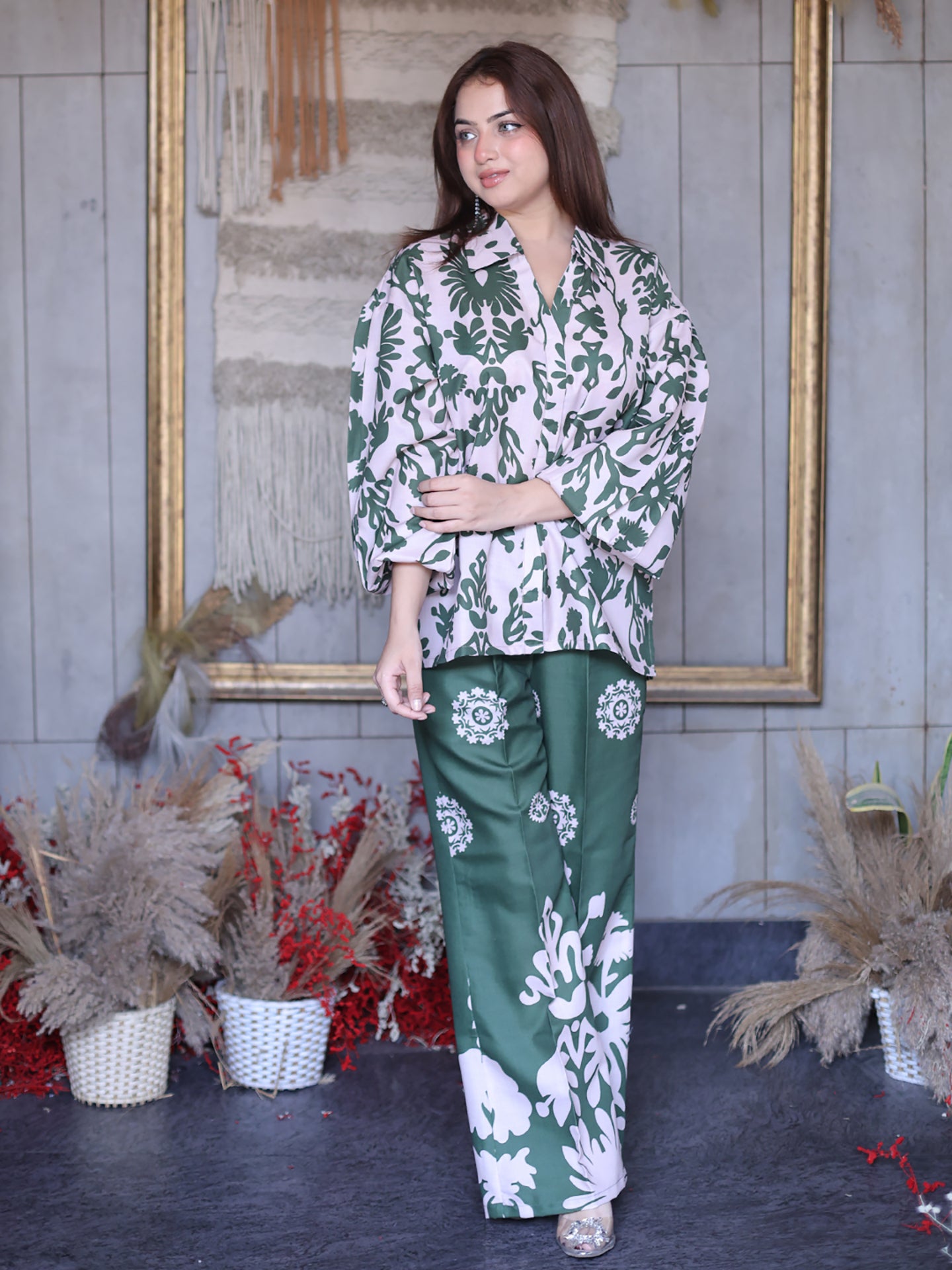 Golden Kite Women Beige & Green Floral Printed Co-Ord Set