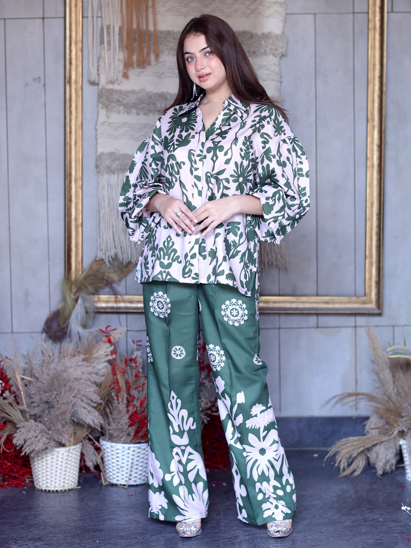 Golden Kite Women Beige & Green Floral Printed Co-Ord Set