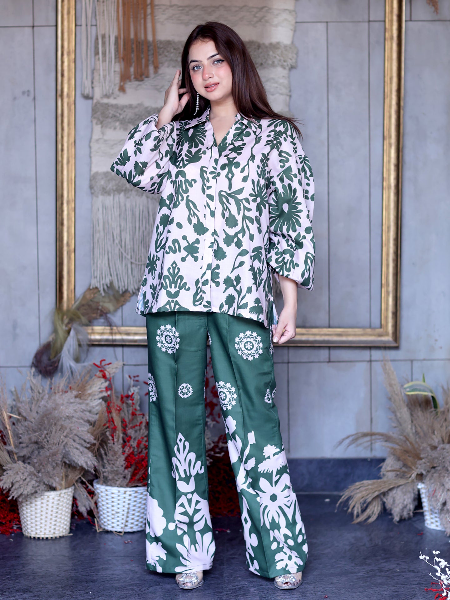 Golden Kite Women Beige & Green Floral Printed Co-Ord Set