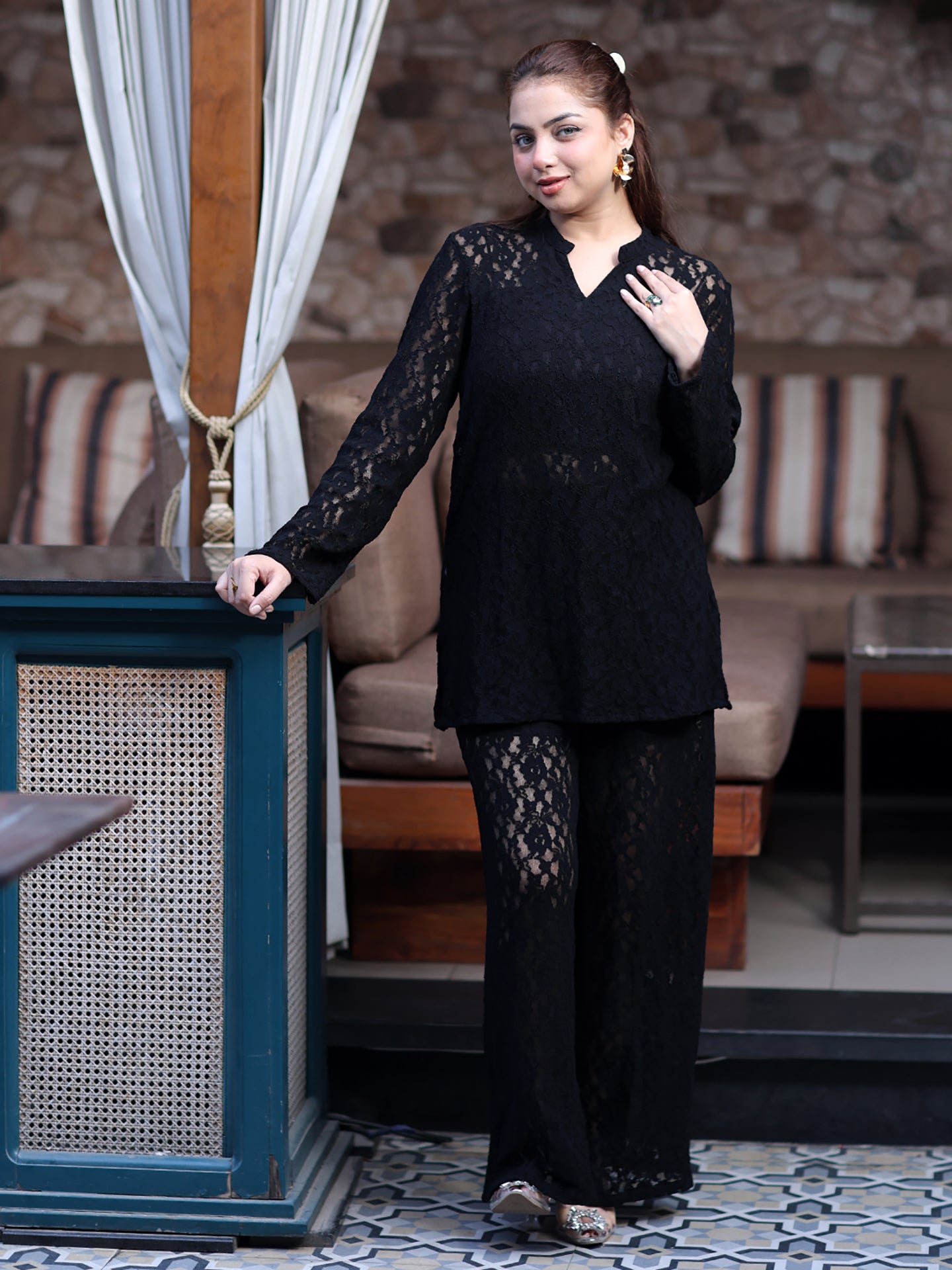 Golden Kite Women Black Stretch Lace Co-Ord Set