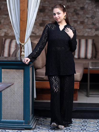 Golden Kite Women Black Stretch Lace Co-Ord Set