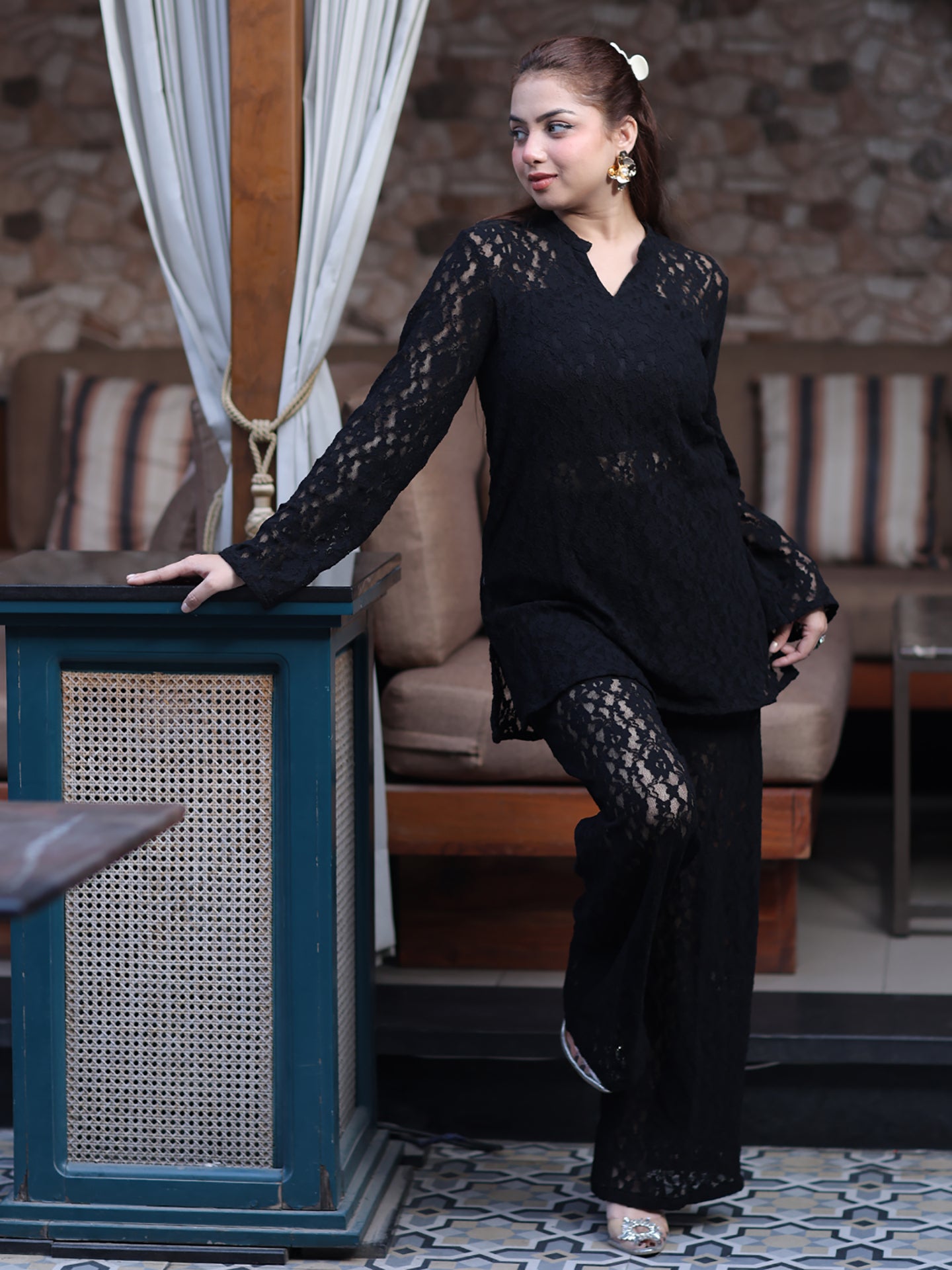 Golden Kite Women Black Stretch Lace Co-Ord Set