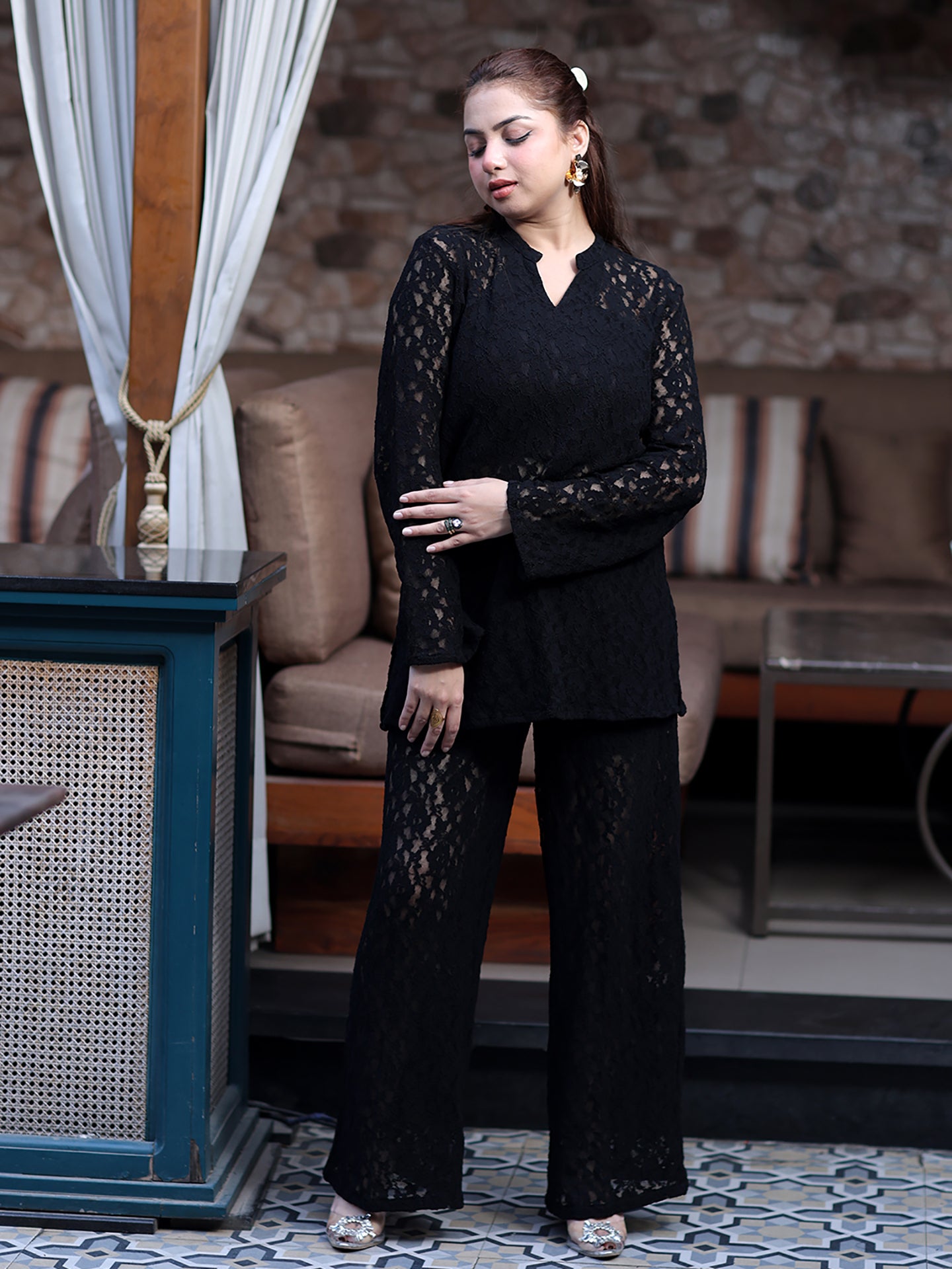 Golden Kite Women Black Stretch Lace Co-Ord Set