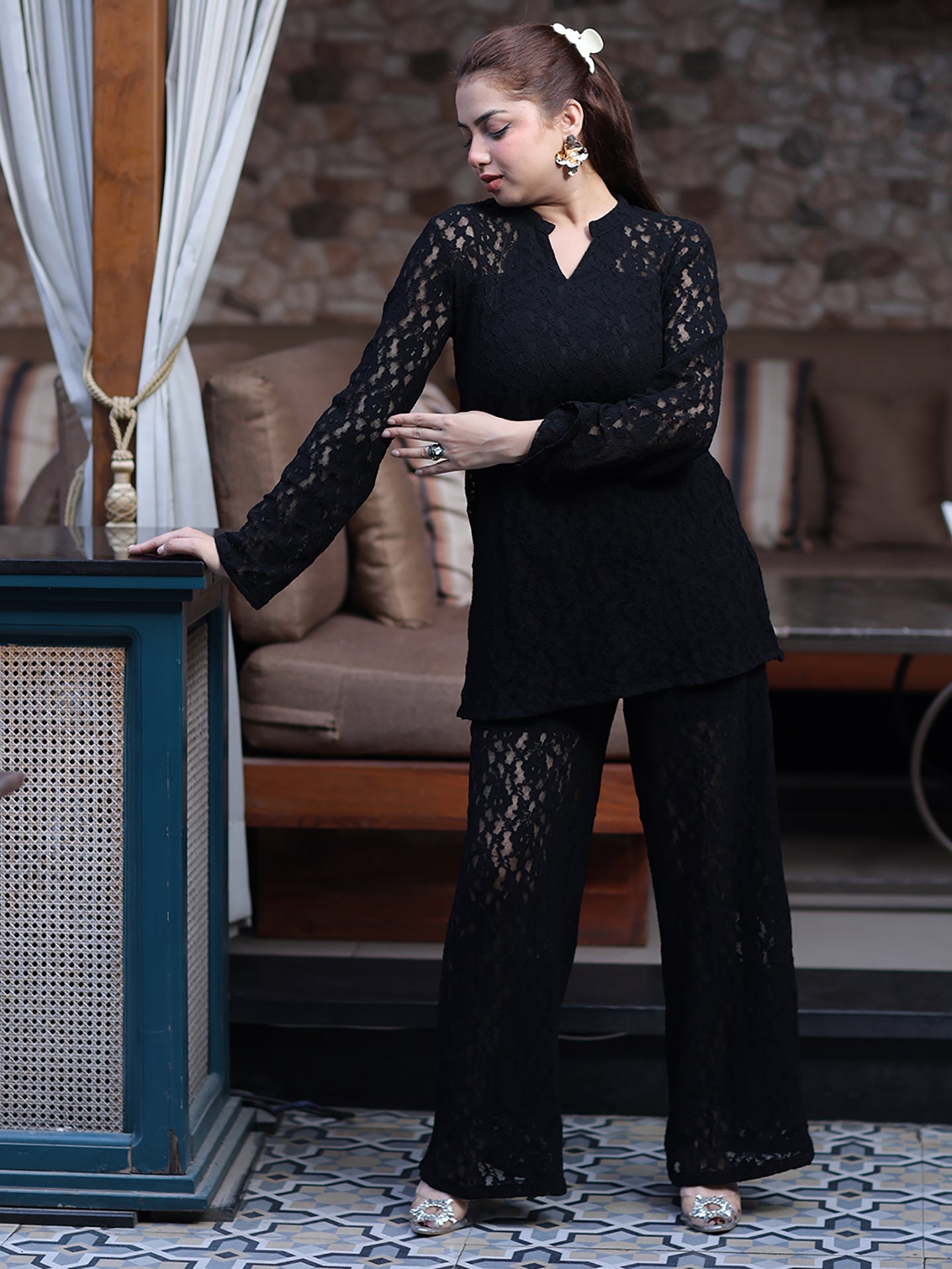 Golden Kite Women Black Stretch Lace Co-Ord Set