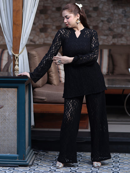 Golden Kite Women Black Stretch Lace Co-Ord Set