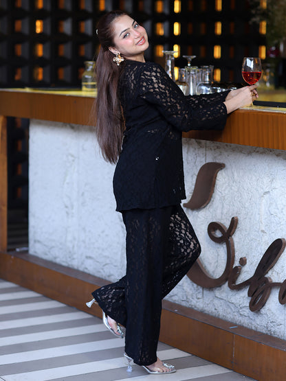 Golden Kite Women Black Stretch Lace Co-Ord Set