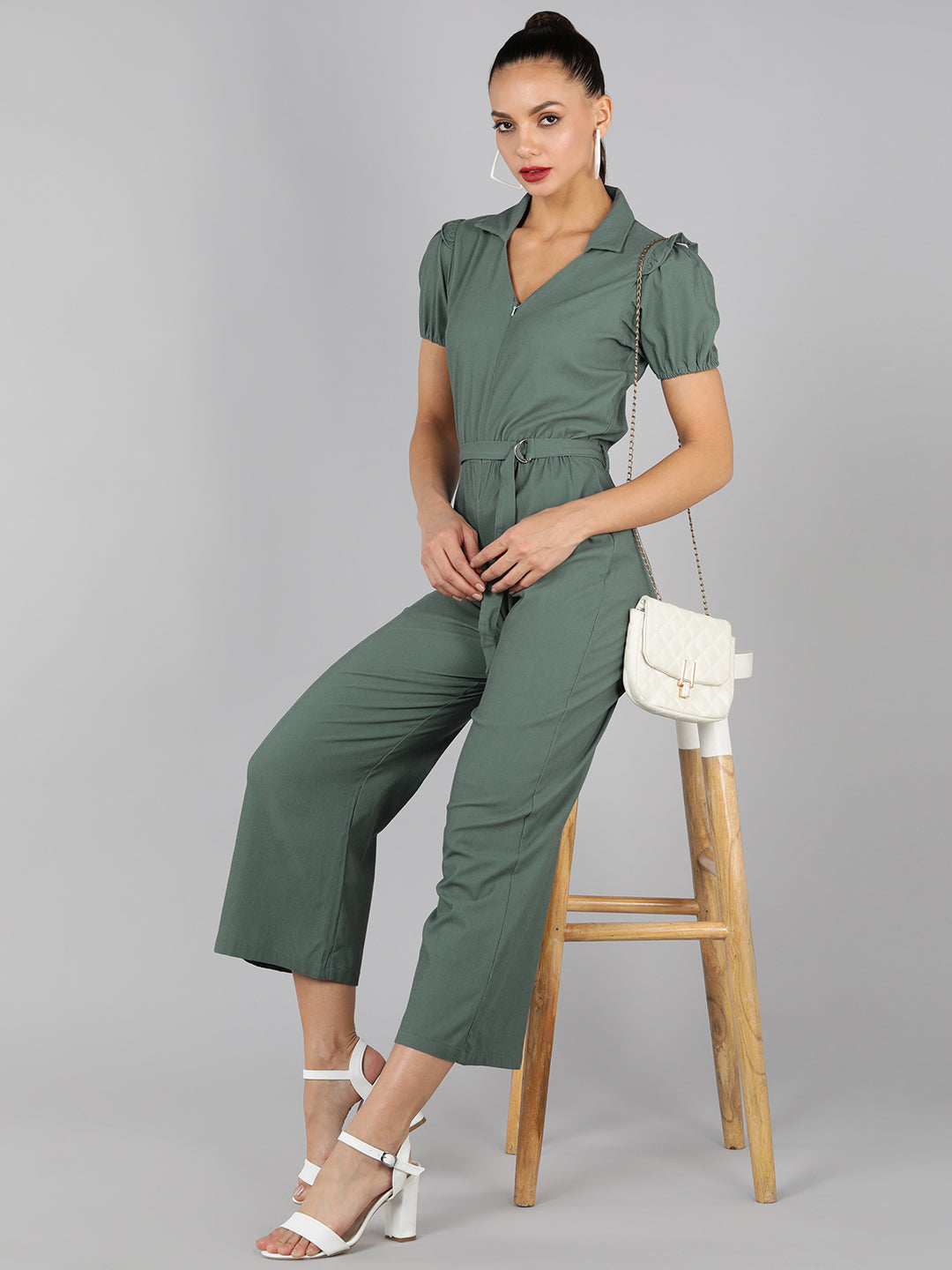 Golden Kite V-Neck Collar Puff Sleeve  Front Zip Jumpsuit Frill Detail
