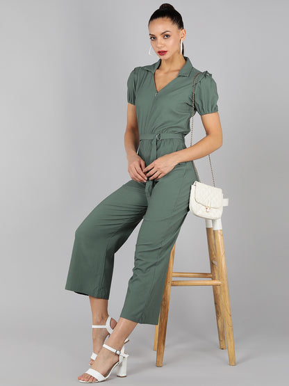 Golden Kite V-Neck Collar Puff Sleeve  Front Zip Jumpsuit Frill Detail