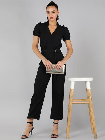 Golden Kite V-Neck Collar Puff Sleeve  Front Zip Jumpsuit Frill Detail