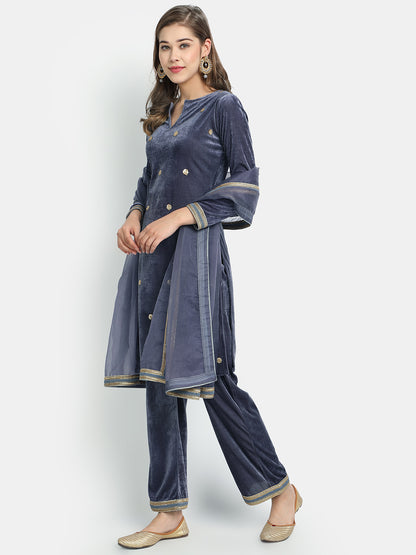 Golden Kite Velvet Embellished Kurta & Palazzos with Dupatta