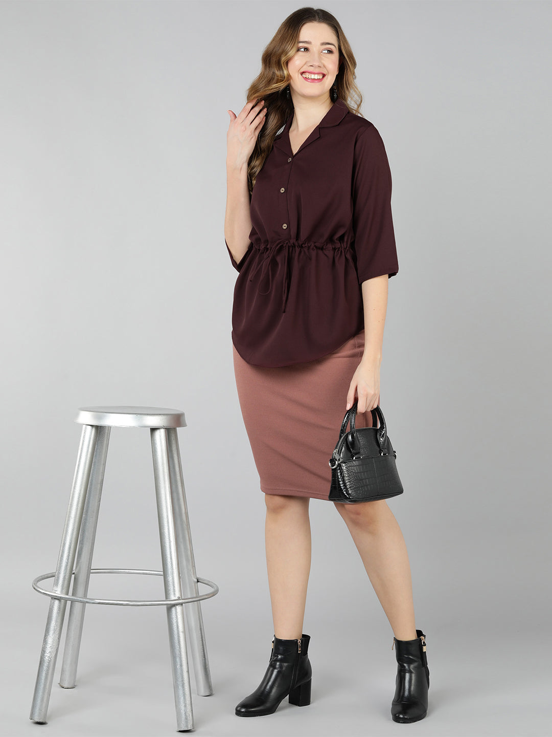 Golden Kite Burgundy Solid Lapel collar Longline shirt with assymetric hem and waist tieup for perfect fit, 3/4th sleeve
