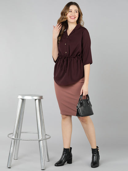 Golden Kite Burgundy Solid Lapel collar Longline shirt with assymetric hem and waist tieup for perfect fit, 3/4th sleeve