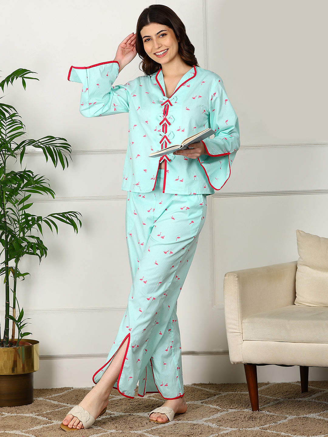 Golden Kite Women’s Cotton Swan Printed Night Suit with Contrast Piping Notch Collar, Frill & Pocket
