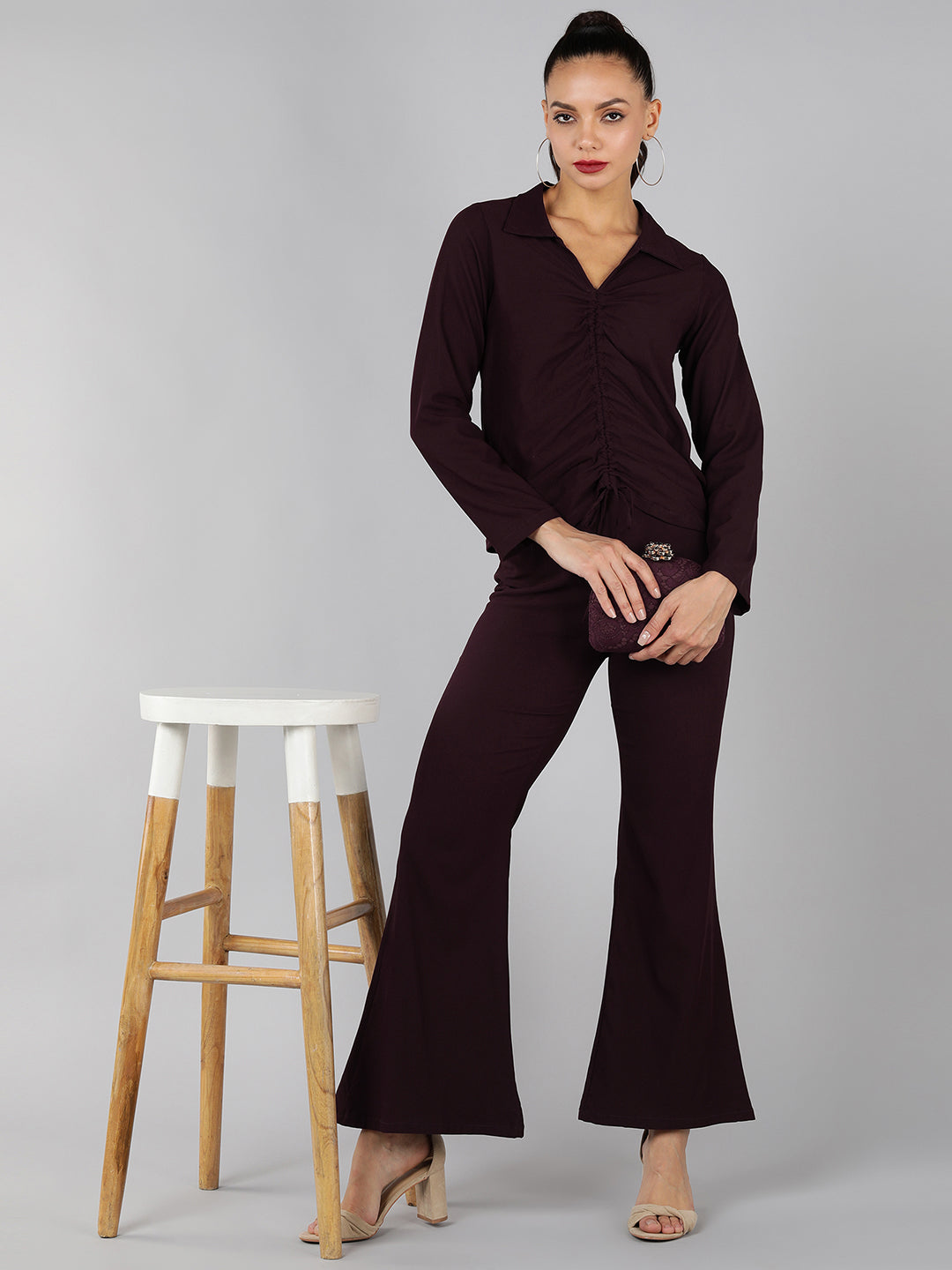 Golden Kite Green Solid Co-ordset , Collared shirt with a V-neck and long sleeves , featuring a gathered detail with adjustable ties at the front paired with flowing high waist trousers with an elastic waist band