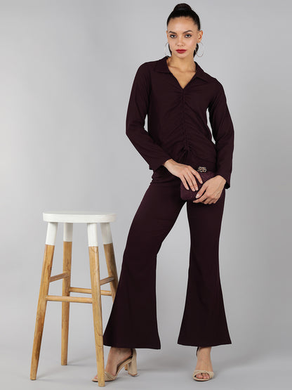 Golden Kite Green Solid Co-ordset , Collared shirt with a V-neck and long sleeves , featuring a gathered detail with adjustable ties at the front paired with flowing high waist trousers with an elastic waist band