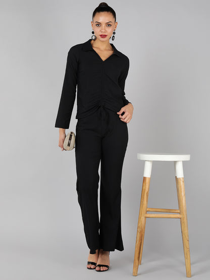 Golden Kite Green Solid Co-ordset , Collared shirt with a V-neck and long sleeves , featuring a gathered detail with adjustable ties at the front paired with flowing high waist trousers with an elastic waist band