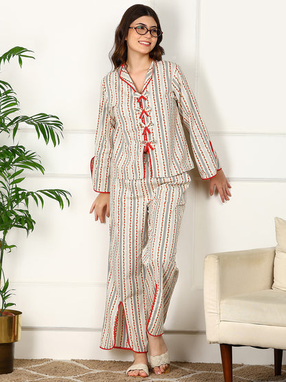 Golden Kite Women’s Cotton Heart Printed Night Suit with Contrast Piping Notch Collar, Piping & Pocket