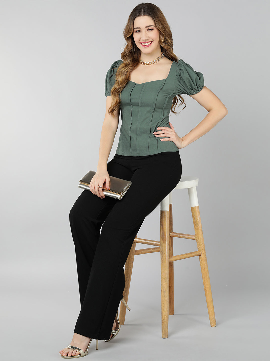 Golden Kite Lilac Solid Sweatheart Neck Top ,front corset , puffy sleeve ,Crafted in Viscose poly knit