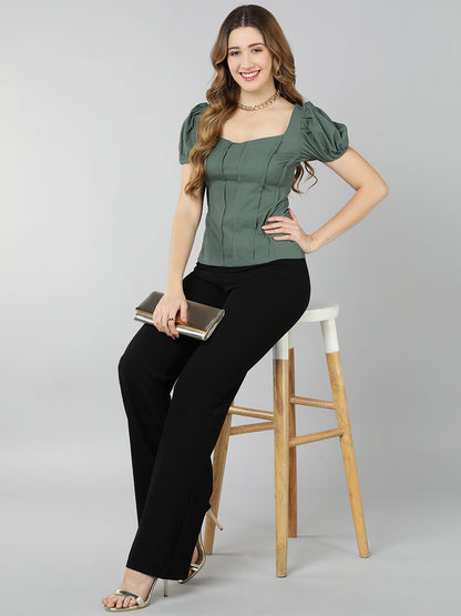 Golden Kite Lilac Solid Sweatheart Neck Top ,front corset , puffy sleeve ,Crafted in Viscose poly knit