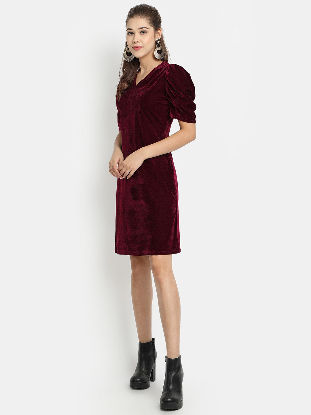 Golden Kite V-Neck A-line Velvet Midi Dress