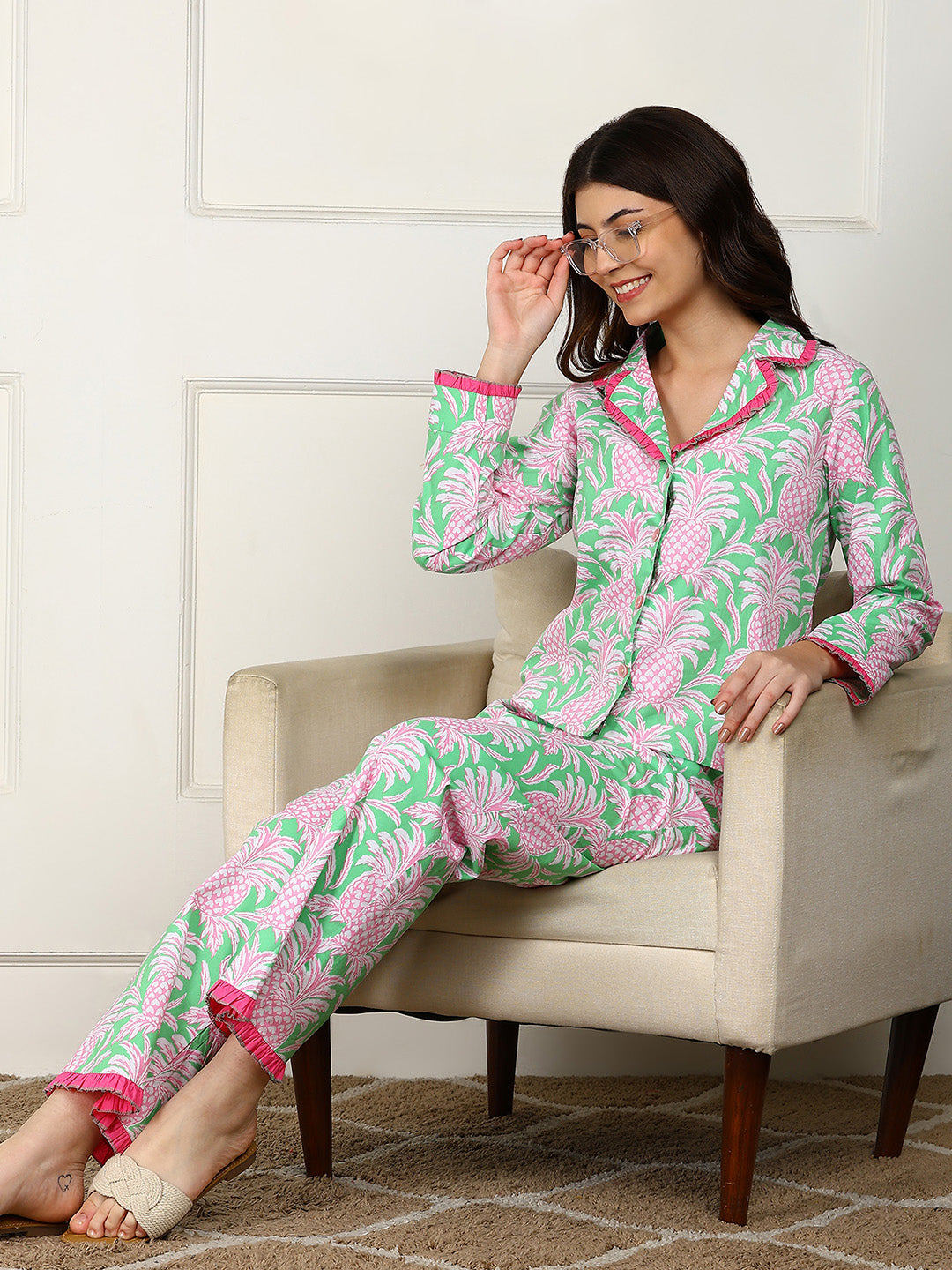 Golden Kite Women’s Cotton Pineapple Printed Night Suit with Notch Collar, Frill & Pocket