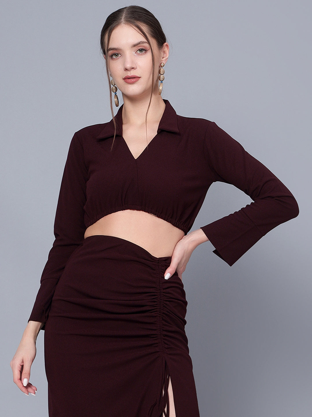 Golden Kite Trendy Black Solid Women Crop Top & Drape Skirt Set