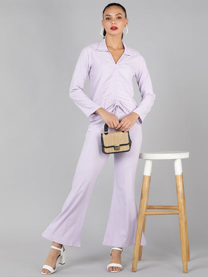 Golden Kite Green Solid Co-ordset , Collared shirt with a V-neck and long sleeves , featuring a gathered detail with adjustable ties at the front paired with flowing high waist trousers with an elastic waist band