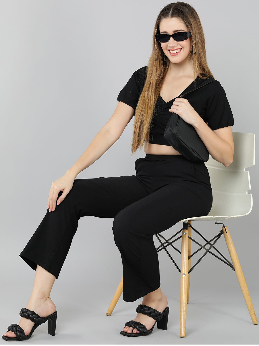 Golden Kite Green Solid Co-ordset , crop top sweatheart neck with front ruching detail paired with Straight trouser