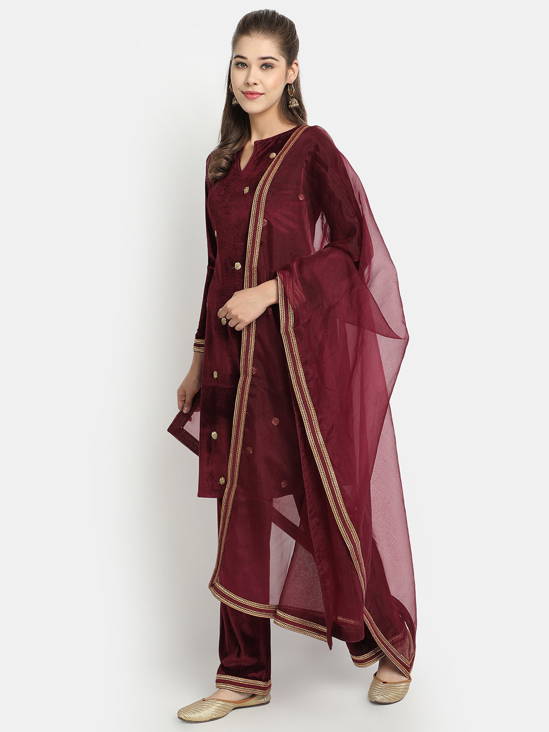 Golden Kite Velvet Embellished Kurta & Palazzos with Dupatta