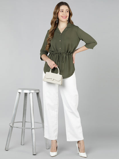 Golden Kite Burgundy Solid Lapel collar Longline shirt with assymetric hem and waist tieup for perfect fit, 3/4th sleeve