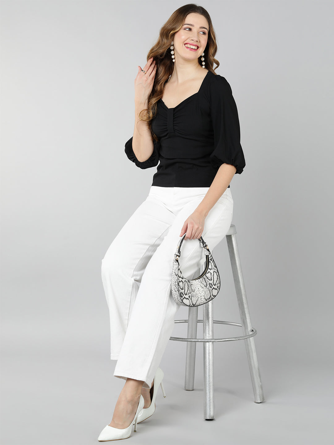 Golden Kite Lilac Solid Sweatheart Neck Top With Front bow detail and Bishop Sleeve