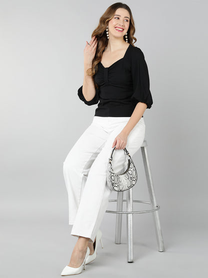 Golden Kite Lilac Solid Sweatheart Neck Top With Front bow detail and Bishop Sleeve