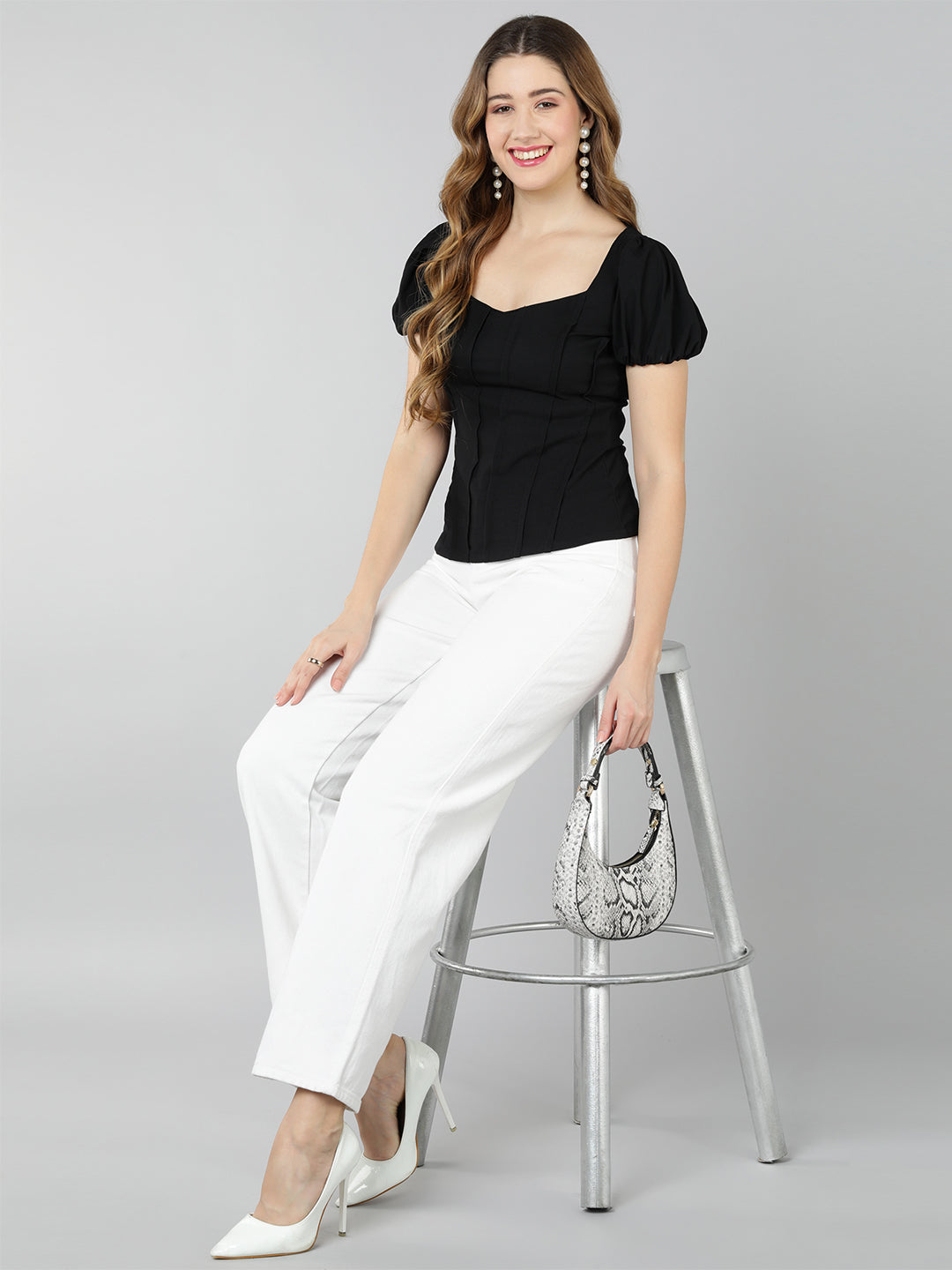 Golden Kite Lilac Solid Sweatheart Neck Top ,front corset , puffy sleeve ,Crafted in Viscose poly knit