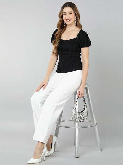 Golden Kite Lilac Solid Sweatheart Neck Top ,front corset , puffy sleeve ,Crafted in Viscose poly knit