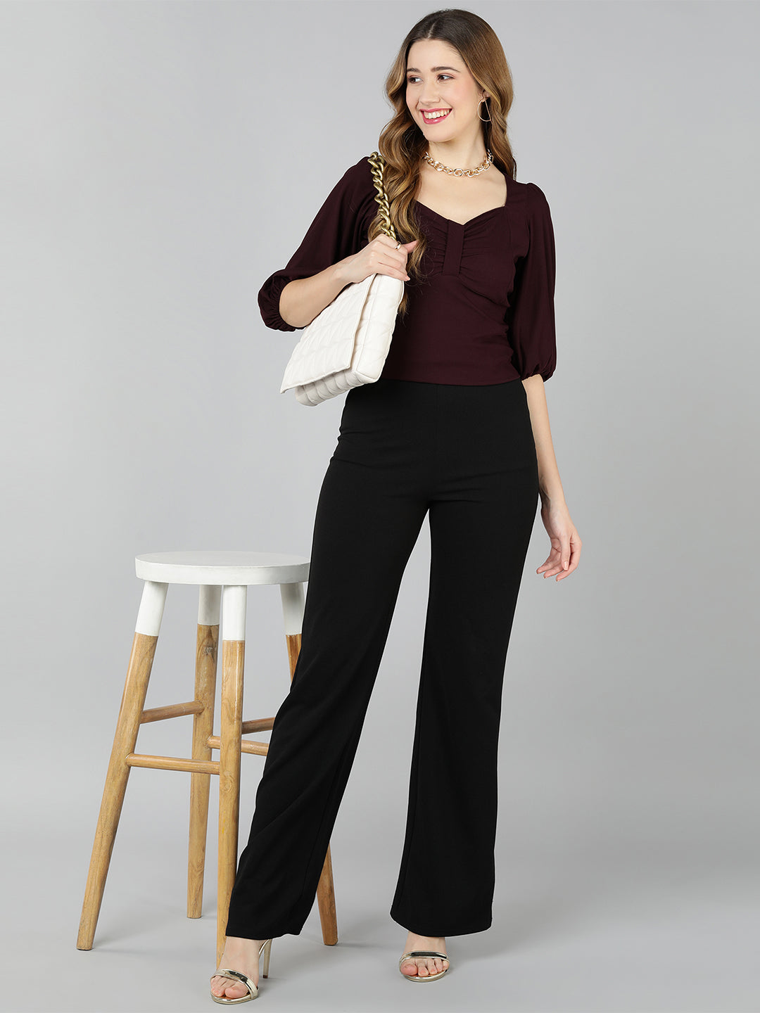 Golden Kite Lilac Solid Sweatheart Neck Top With Front bow detail and Bishop Sleeve