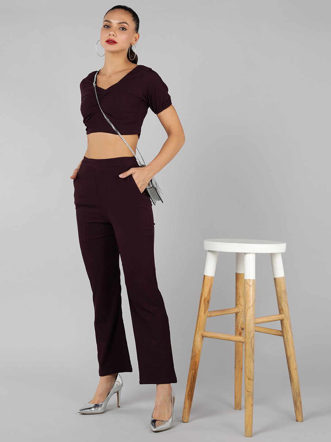 Golden Kite Green Solid Co-ordset , crop top sweatheart neck with front ruching detail paired with Straight trouser