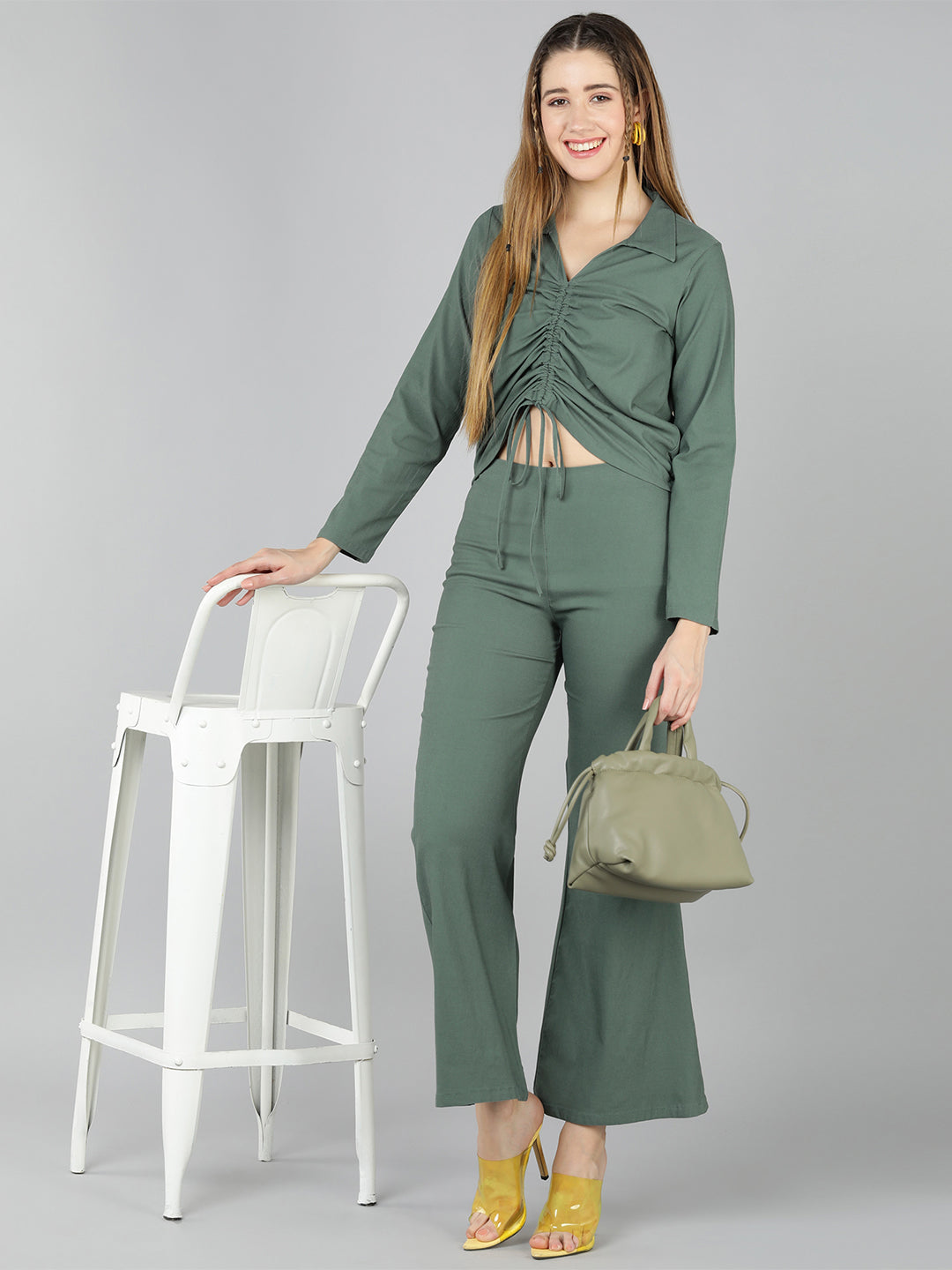 Golden Kite Green Solid Co-ordset , Collared shirt with a V-neck and long sleeves , featuring a gathered detail with adjustable ties at the front paired with flowing high waist trousers with an elastic waist band