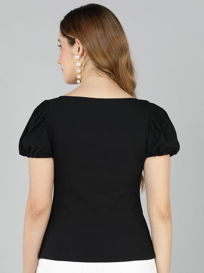 Golden Kite Lilac Solid Sweatheart Neck Top ,front corset , puffy sleeve ,Crafted in Viscose poly knit