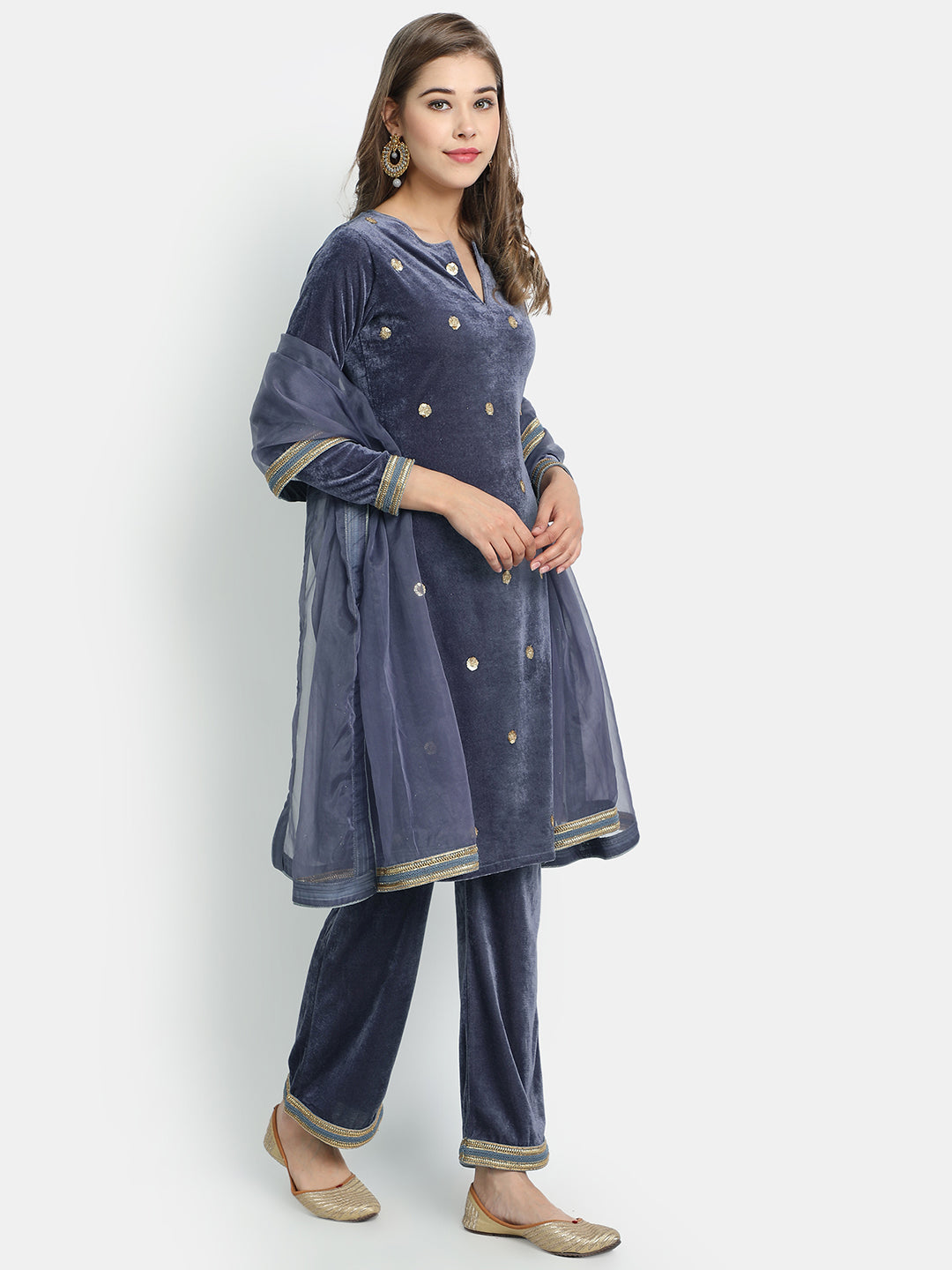Golden Kite Velvet Embellished Kurta & Palazzos with Dupatta